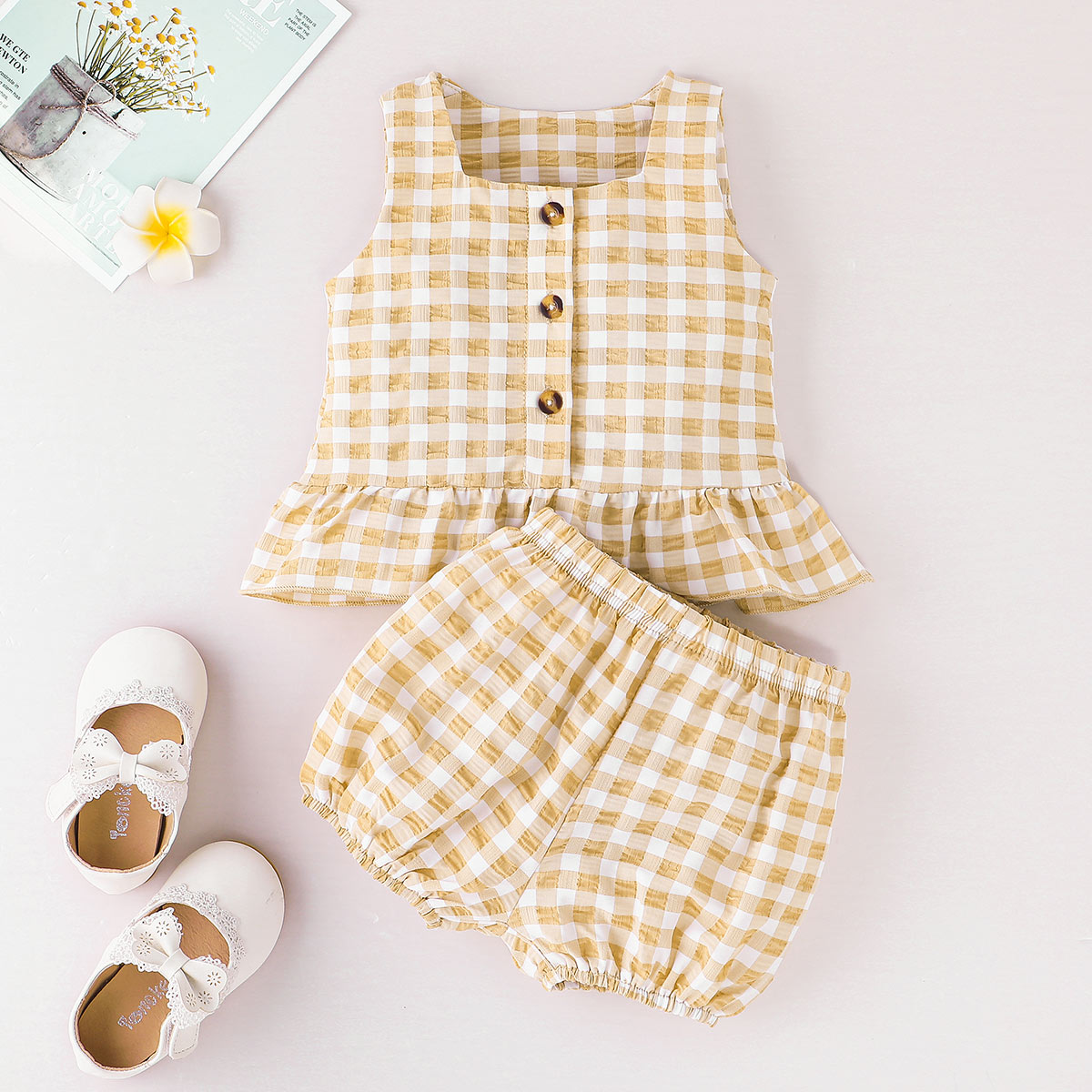 Baby Girl Plaid Sleeveless Top And Shorts Wholesale