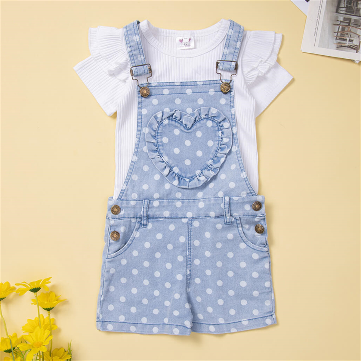function1-Toddler Girl Polka dot Solid Heart-shaped Top & Overalls Wholesale